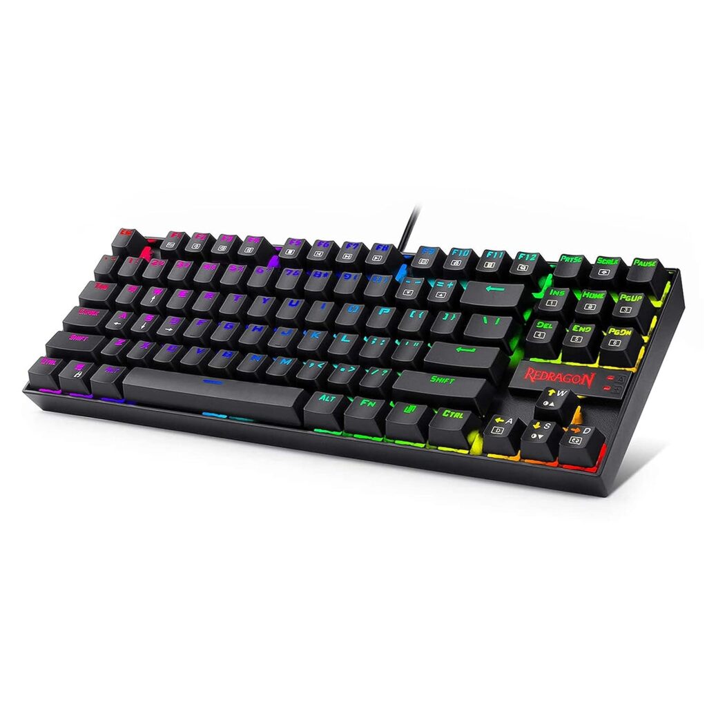 A vibrant Redragon K552 RGB mechanical keyboard surrounded by exclusive offer badges.