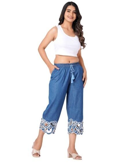 Casual Chic: Cutouts Embroidered Denim Pants for Women